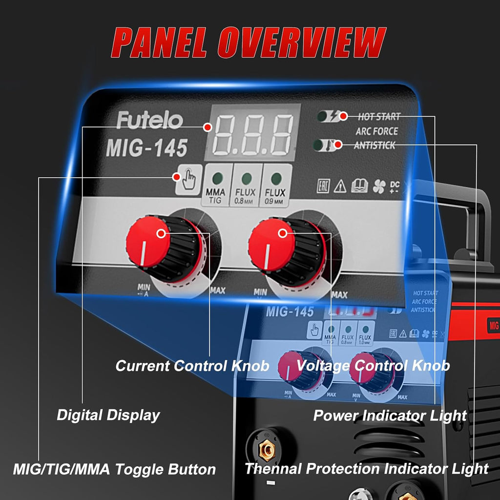 145A MIG Welder, 3 in 1 Flux Core/Lift TIG/Stick Welding Machine 110V IGBT Inverter Gasless Welder with Synergy
