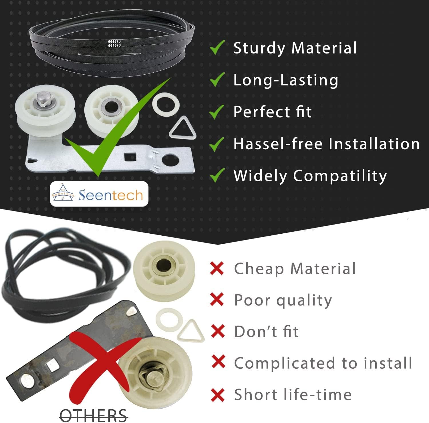 279640 & W10837240 & 661570 Dryer Idler Pulley Kit and Dryer Drum Belt – Compatible with Whirlpool May-tag Kenmore