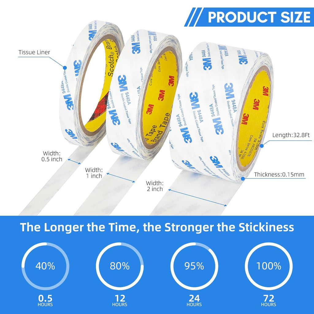 3M Double Sided Tape Thin 0.5"×32.8Ft, 9448A Double Coated Tissue Tape