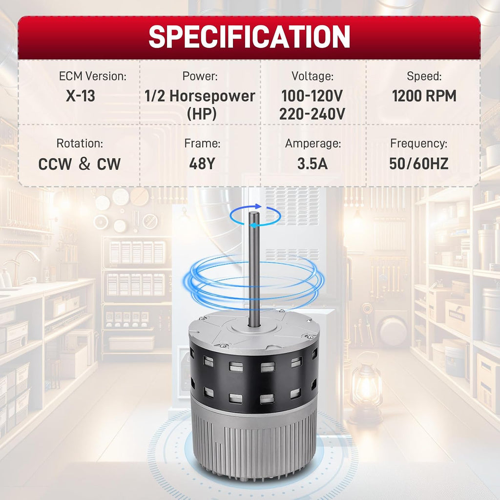 1/2 HP 100-120V 220-240V 3.5A 1200RPM 60/50 Hz 48 Frame ECM X-13 Furnace Blower Motor Compatible with American Standard & Trane Carrier/ICP Replace# 6205E, 1185157, 1186459, E308134, HD44AQ260