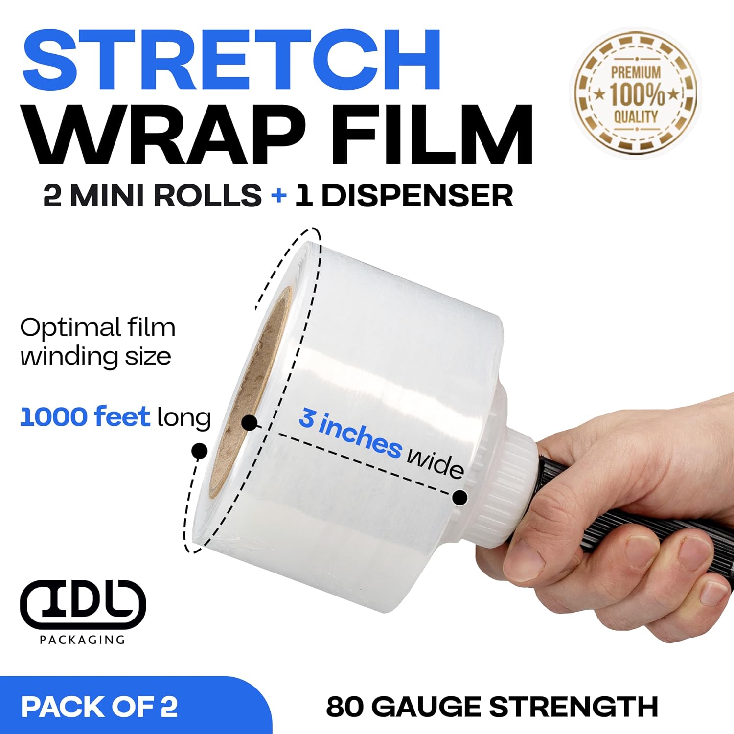 3"x 1000' Stretch Wrap Mini Roll of 80 Gauge (2 Rolls) with Plastic Handle - Extra Sticky Clear Plastic Wrap Film