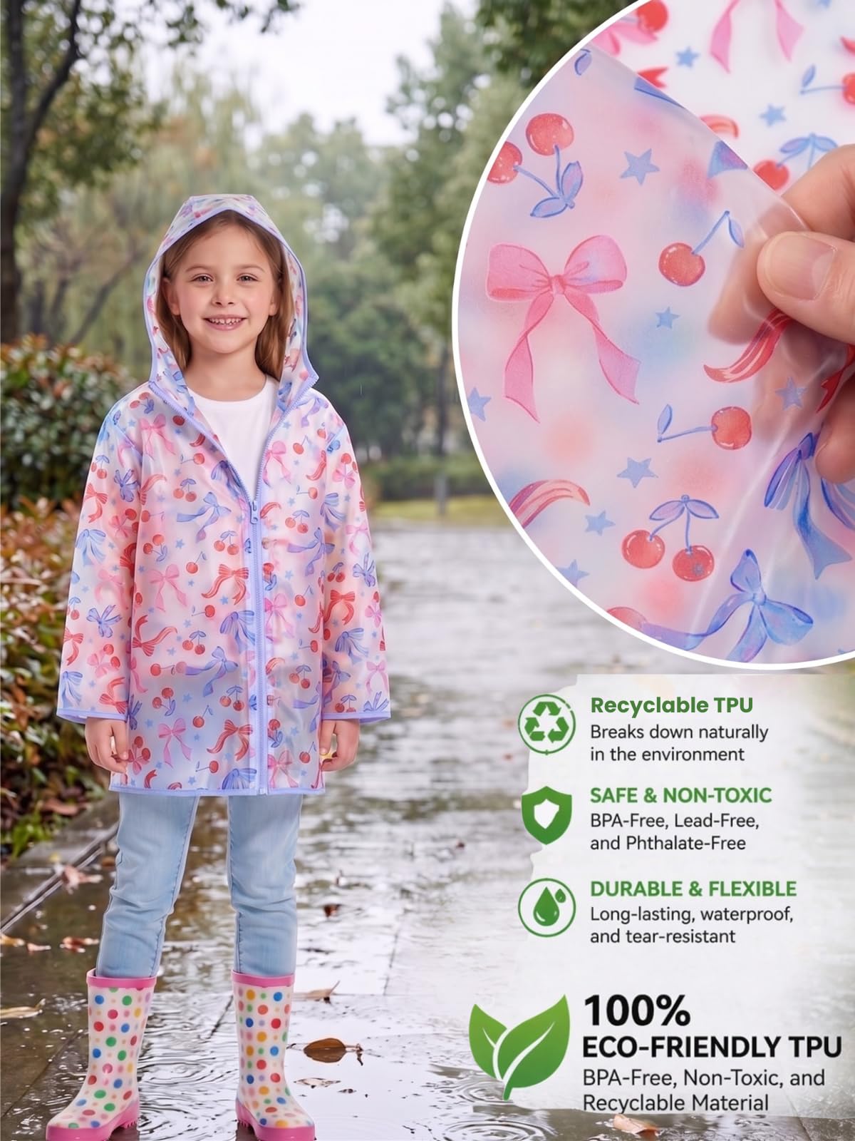 Girls Hooded Printed Rain Jacket Lightweight Water Resistant Raincoat with Zipper