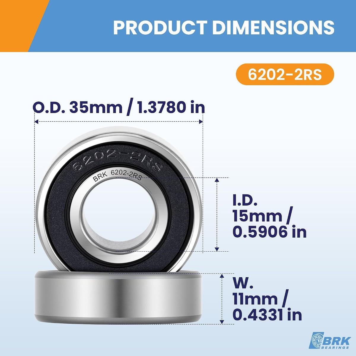 BRK (1 Pack) 6202-2RS Deep Groove Ball Bearing 15x35x11mm, Chrome Steel