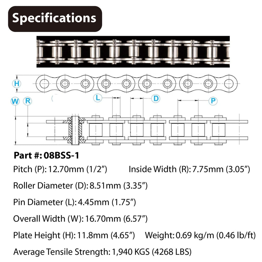 Gudwells Universal Heavy Duty 08B Stainless Steel Roller Chain 10 Feet
