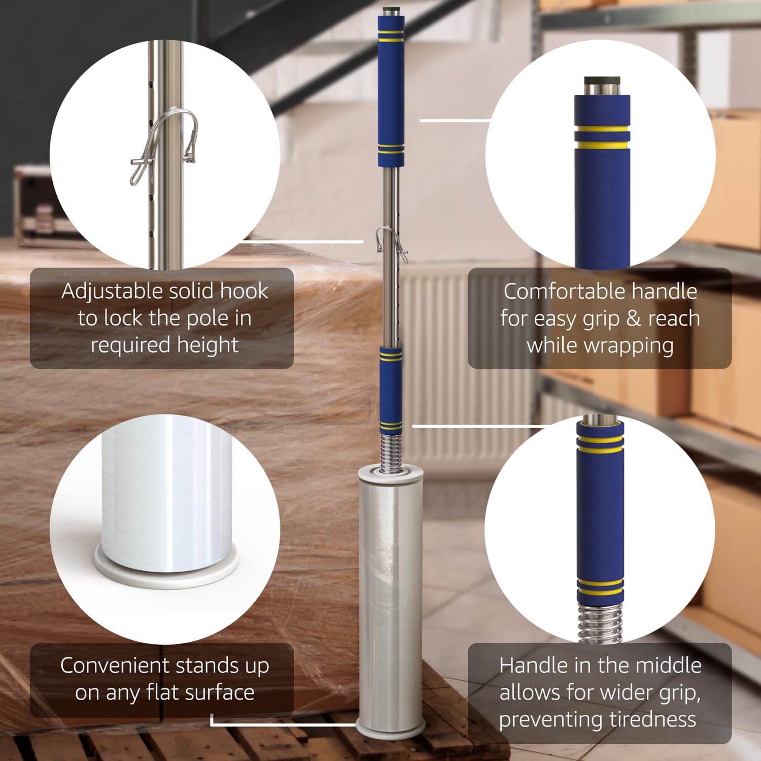 Heavy Duty Stretch Film Dispenser Pole Holder - Extra Long High Reaching Industrial Handle for Stretch Wrapping