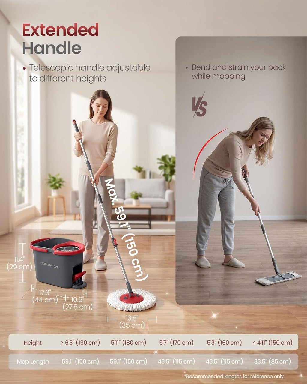 Spin Mop and Bucket Set with Pedal Wringer, Floor Cleaning Mop, Adjustable Telescopic Handle, Max. 59.1-Inch Length