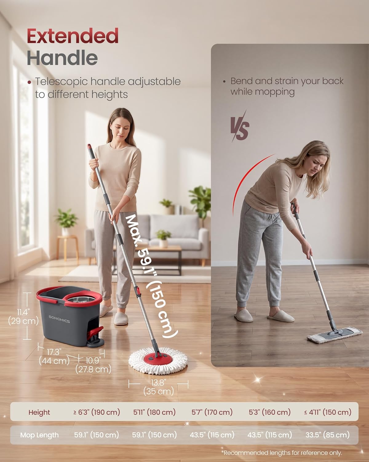 Spin Mop and Bucket Set with Pedal Wringer, Floor Cleaning Mop, Adjustable Telescopic Handle, Max. 59.1-Inch Length