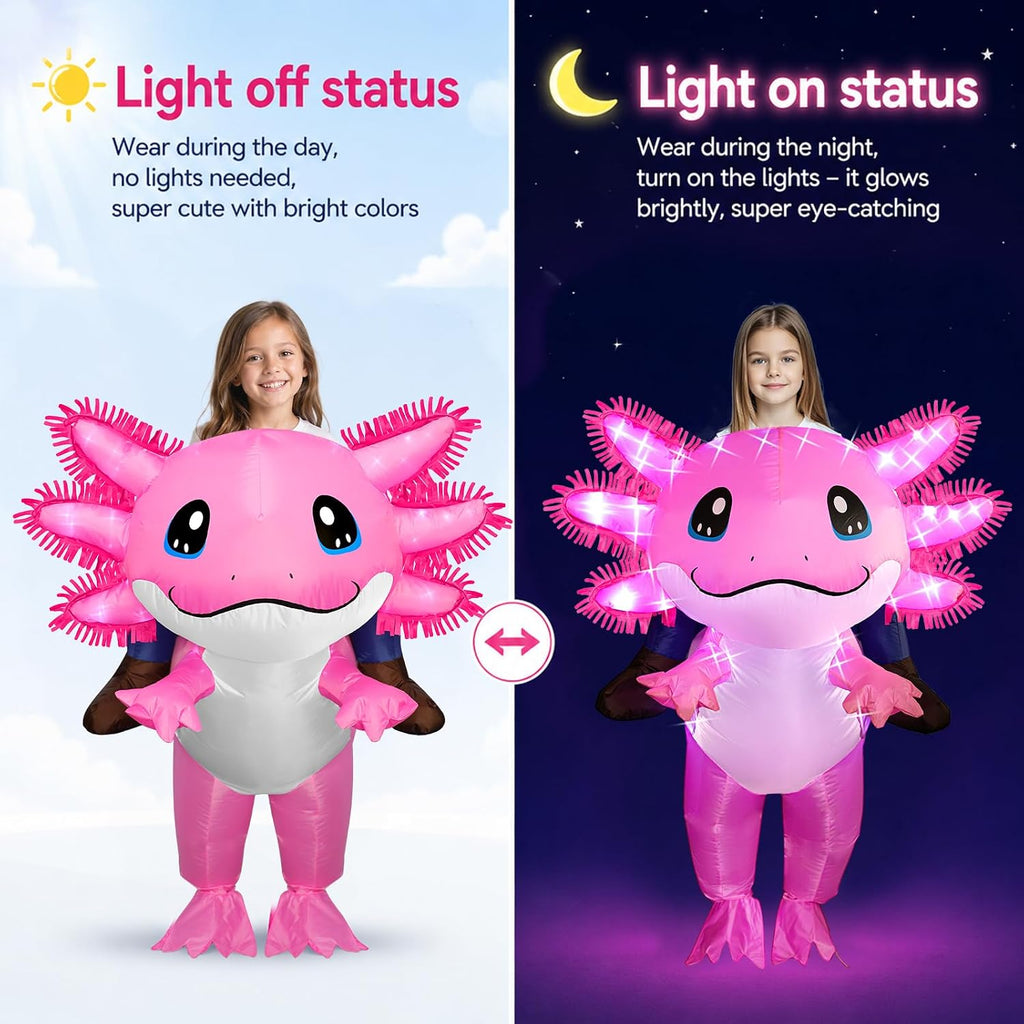 Inflatable Axolotl Costume for Kids with LED Lights, Ride-On Blow Up Halloween Cosplay Outfit for Girls and Boys