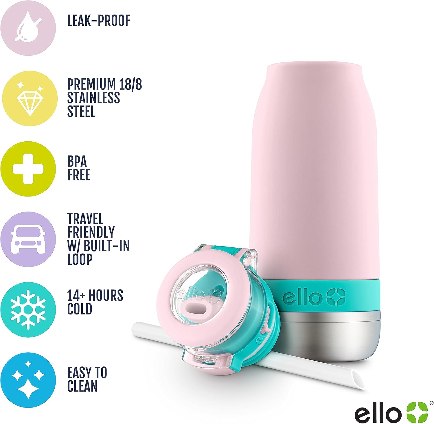 Emma 14oz Insulated Stainless Kids Water Bottle with Straw, Cotton Candy