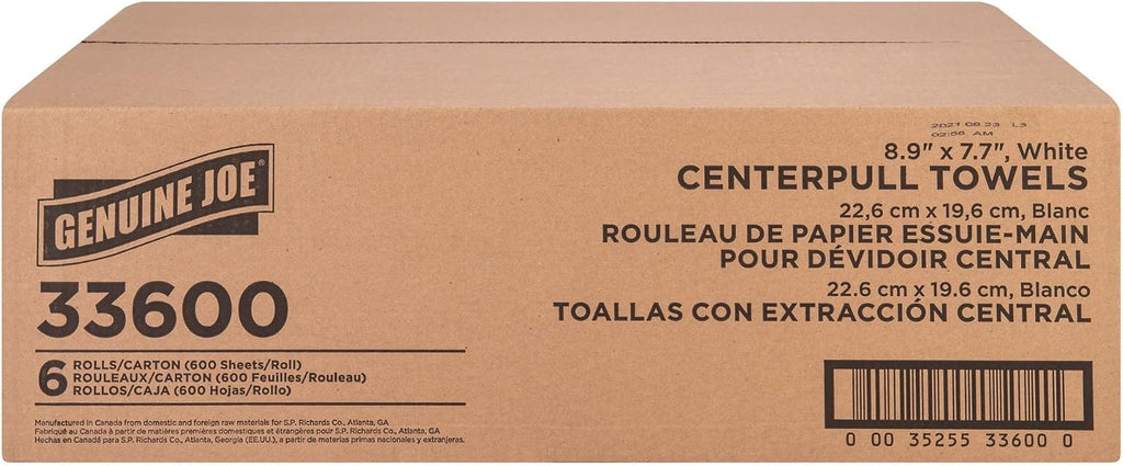 Centerpull Towel Rolls - 8.13" Width x 7.56" Length - 600 Sheets/Roll - 3" Core - White - Virgin Fiber - 6 / Carton