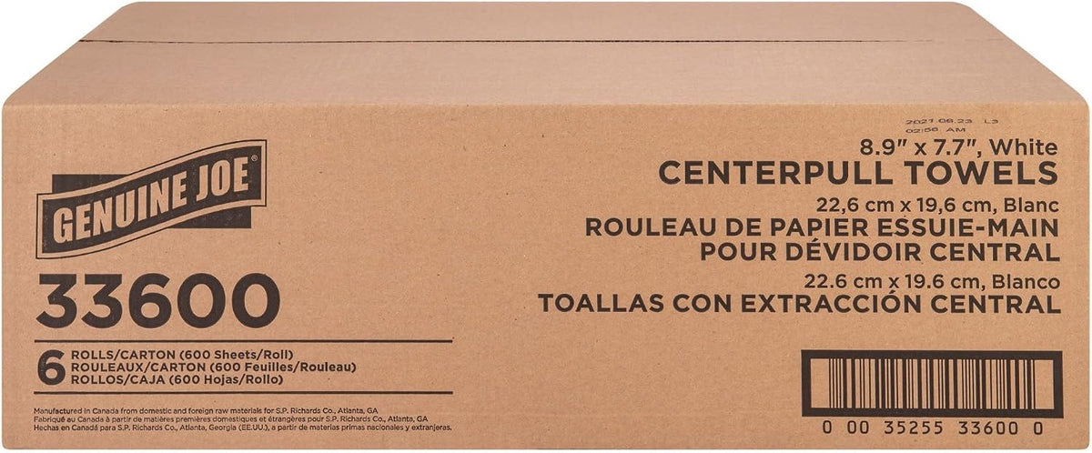 Centerpull Towel Rolls - 8.13" Width x 7.56" Length - 600 Sheets/Roll - 3" Core - White - Virgin Fiber - 6 / Carton