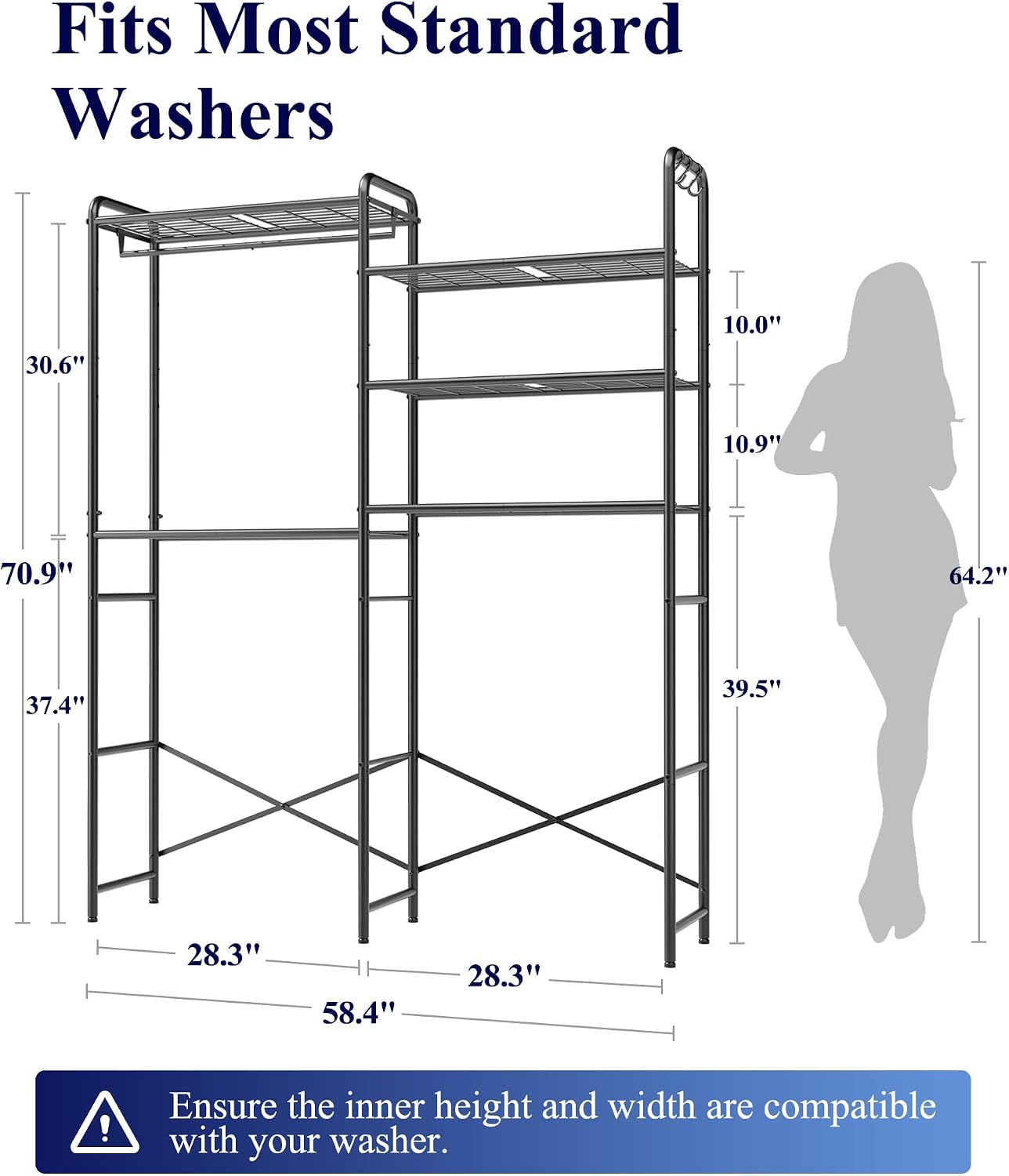Laundry Room Shelves - Multi-Functional Over Washer and Dryer Shelves with Hanging Bar & Removable Hooks