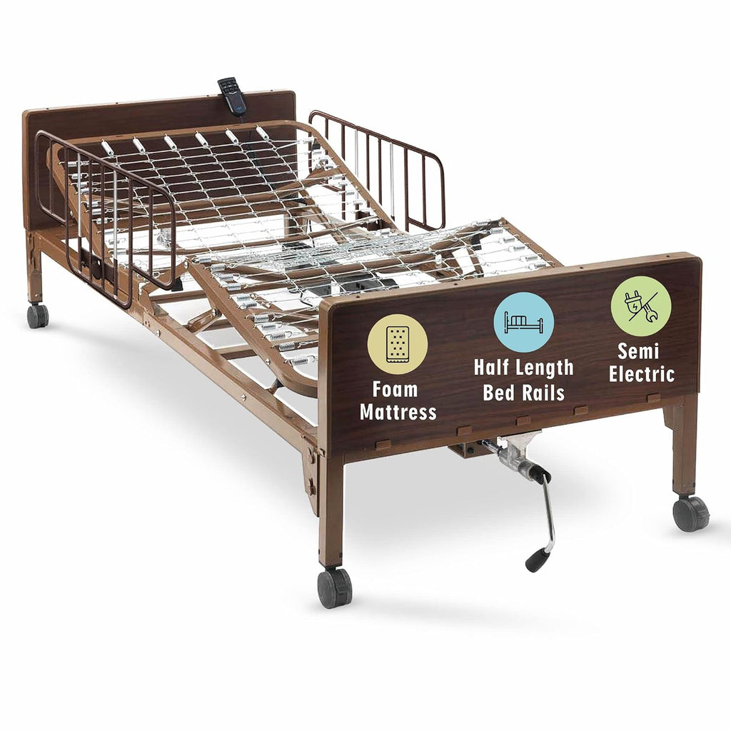 Semi Electric Hospital Bed with Premium Foam Mattress and Half Rails Included - for Home Care Use and Medical