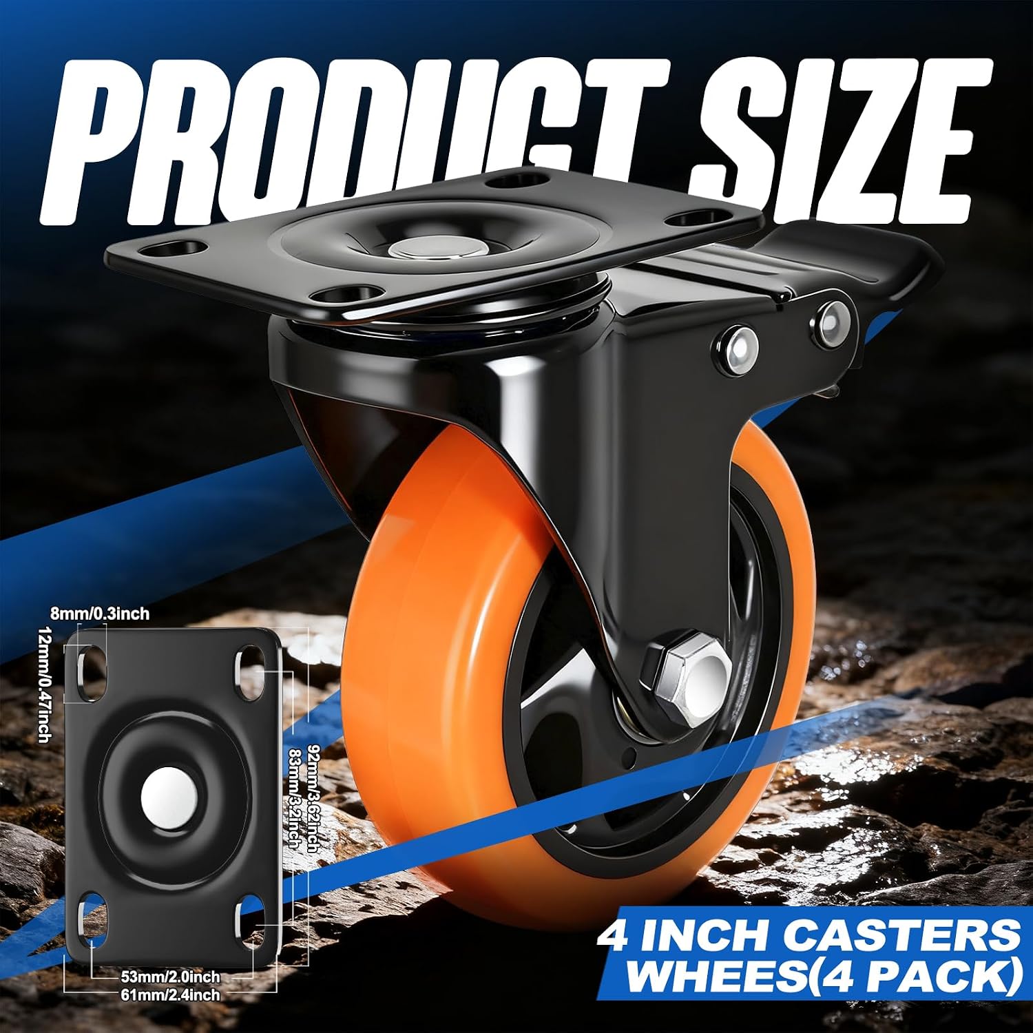 Caster Wheels, 4 Inch Caster Set of 4, Dual Locking PU Casters 2400LB, Swivel Casters for Furniture, Workbench & Tool