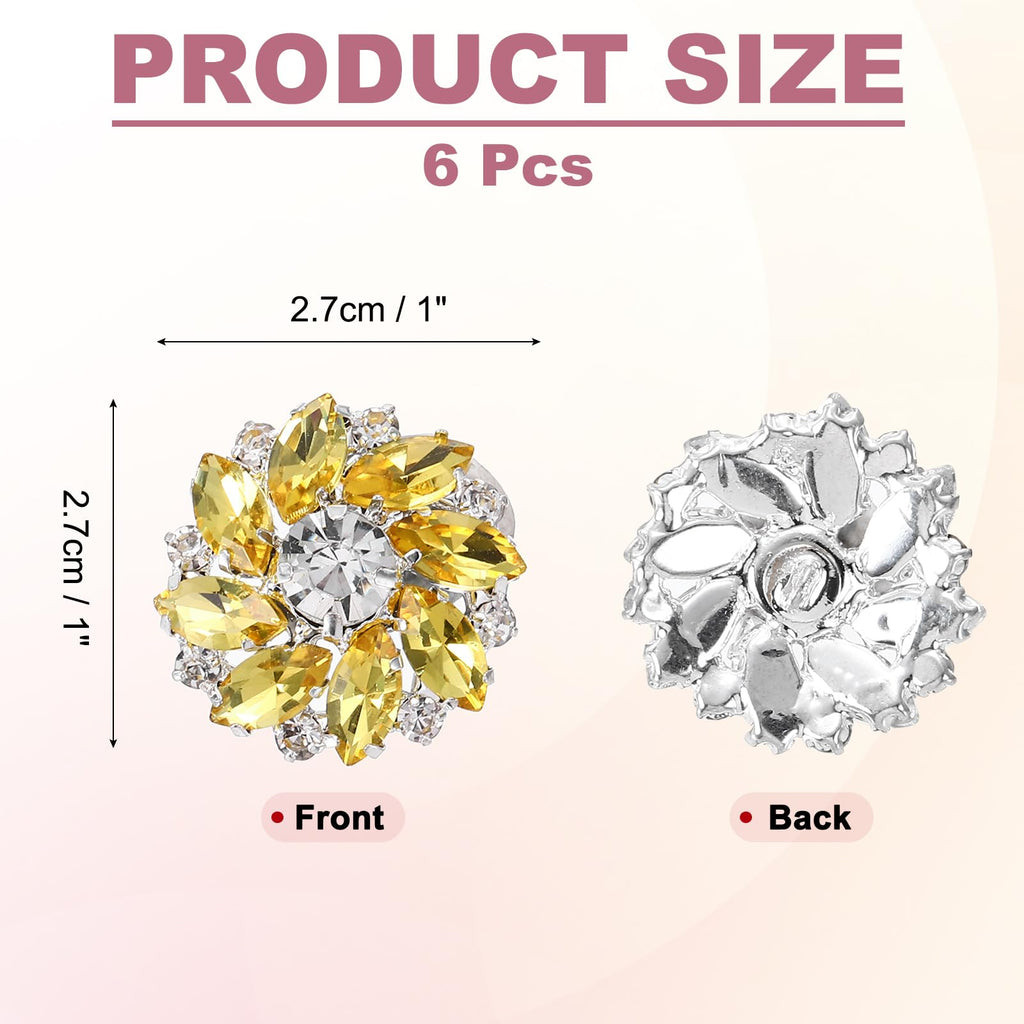 6pcs Rhinestone Flower Sewing Buttons 1 Inch, Silver Yellow
