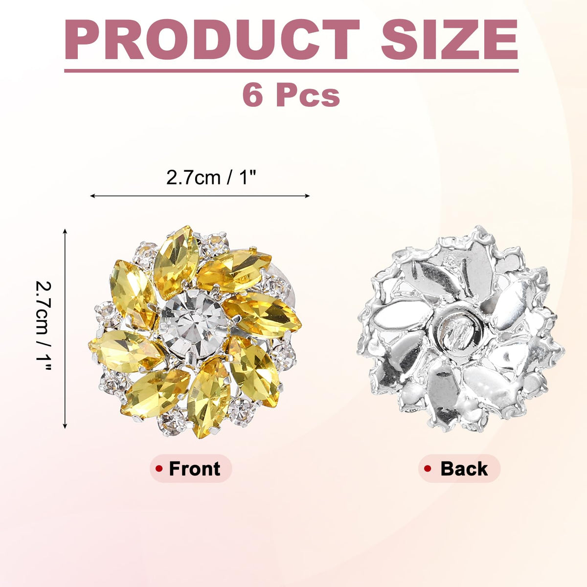 6pcs Rhinestone Flower Sewing Buttons 1 Inch, Silver Yellow