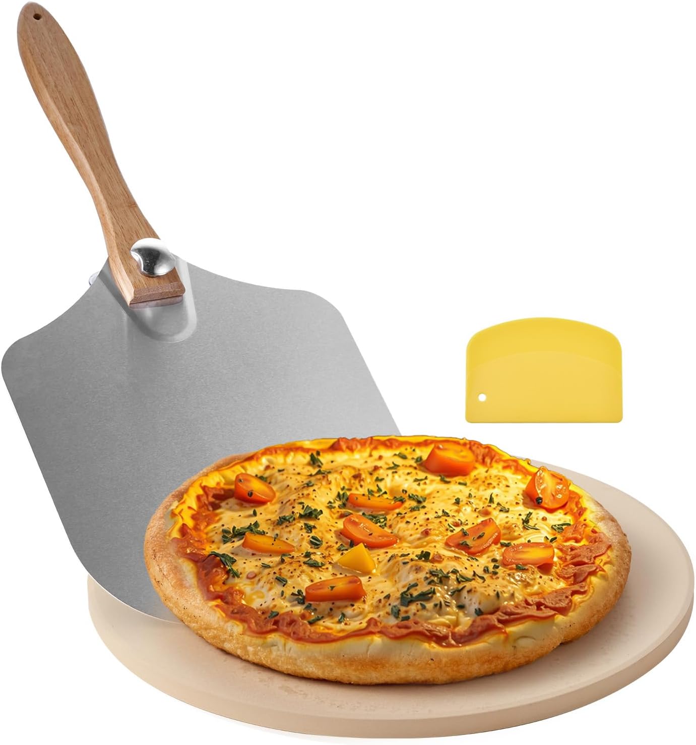 Pizza Stone, 15 in Round Pizza Stone, 0.67 in Large Cordierite Baking-Stone with Metal Peel, Scrape, 1450℉