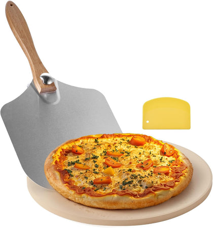 Pizza Stone, 15 in Round Pizza Stone, 0.67 in Large Cordierite Baking-Stone with Metal Peel, Scrape, 1450℉