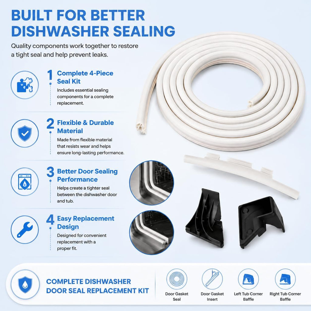 WD08X10057 Dishwasher Door Gasket Seal Compatible with GE Dishwashers, Includes WD08X10015 Gasket Insert and WD8X227 WD8X228 Tub Corner Baffles, Replaces PS958908 WD08X10014, Dishwasher Door Seal Kit