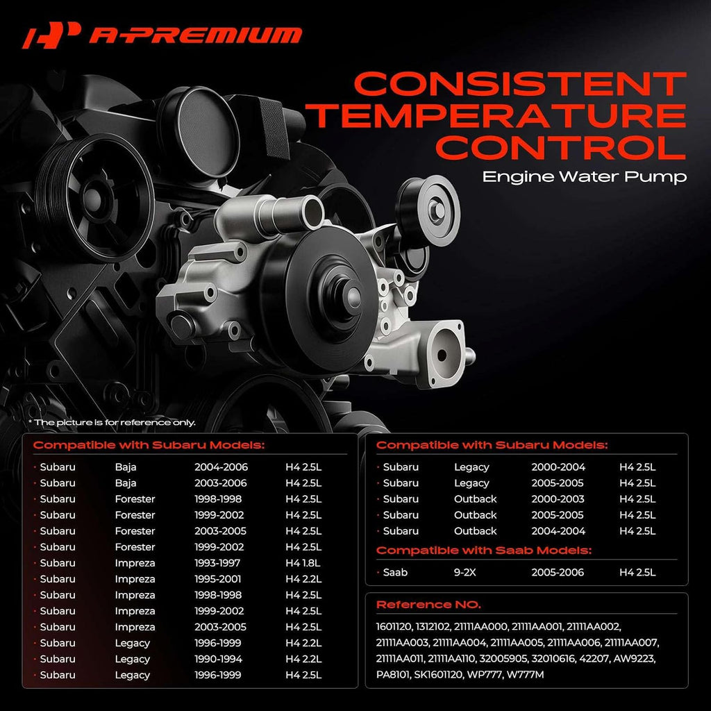 A-Premium Engine Water Pump (1.8 2.2 2.5L) Compatible with Subaru, Saab