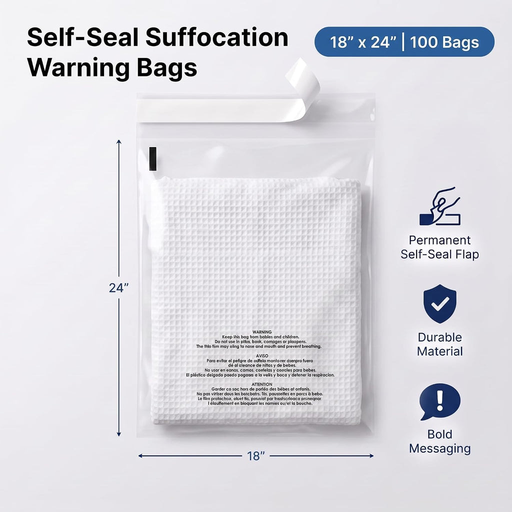 18" X 24" (100 Count) Self Seal Clear Poly Bags with Suffocation Warning
