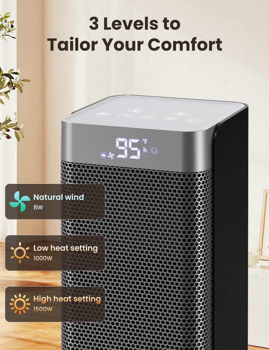 Space Heaters for Indoor Use, 1500W PTC Ceramic Electric Heater with Thermostat, Room Temperature Display, 70°