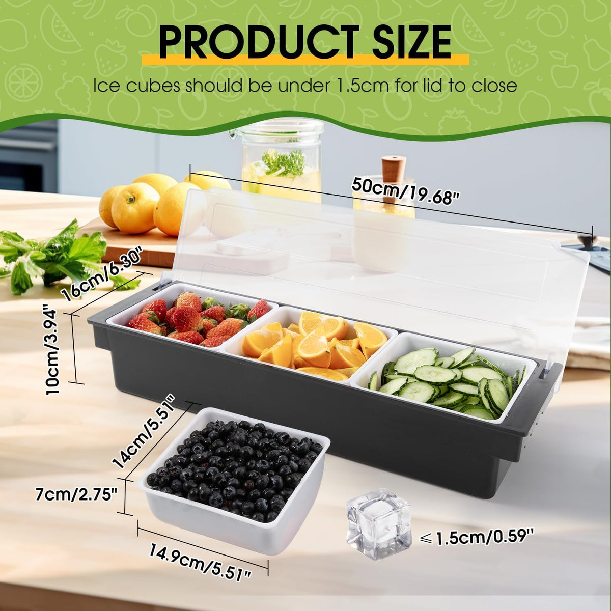 Ice Cooled Condiment Serving Container Fruit Veggie Condiment Caddy Plastic Garnish Station with Lid for Fruit,Ice