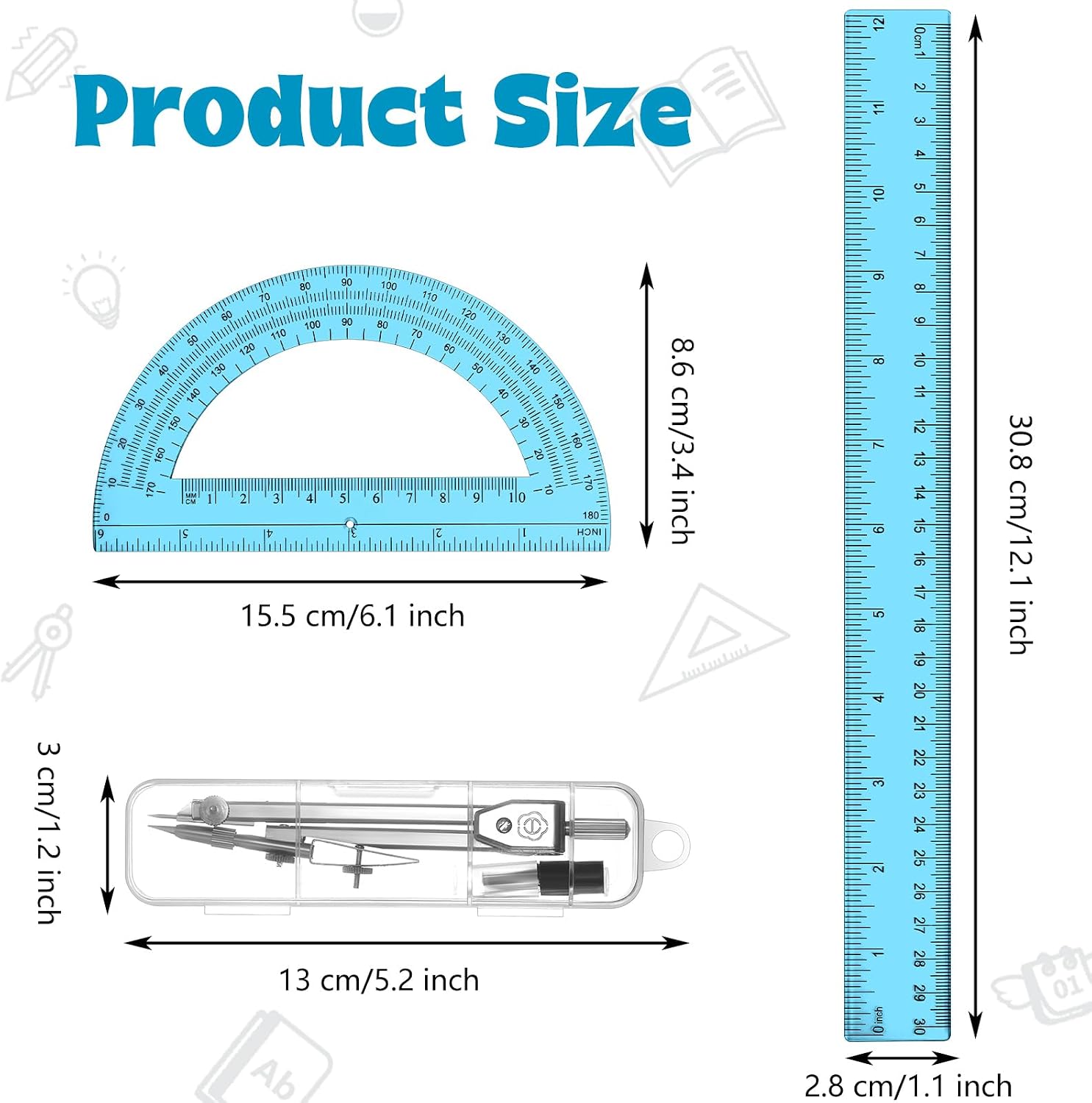 3 Pcs Plastic Ruler 6 Inch Protractor Drawing Compass Set, Student Geometry Math Transparent Measuring Tools for Home
