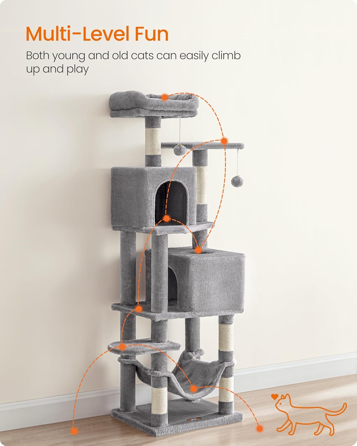 Cat Tree, 59.5-Inch Tall Cat Tower, Plush Multi-Level Condo with 5 Scratching Posts, 2 Perches, 2 Caves, Hammock, 2