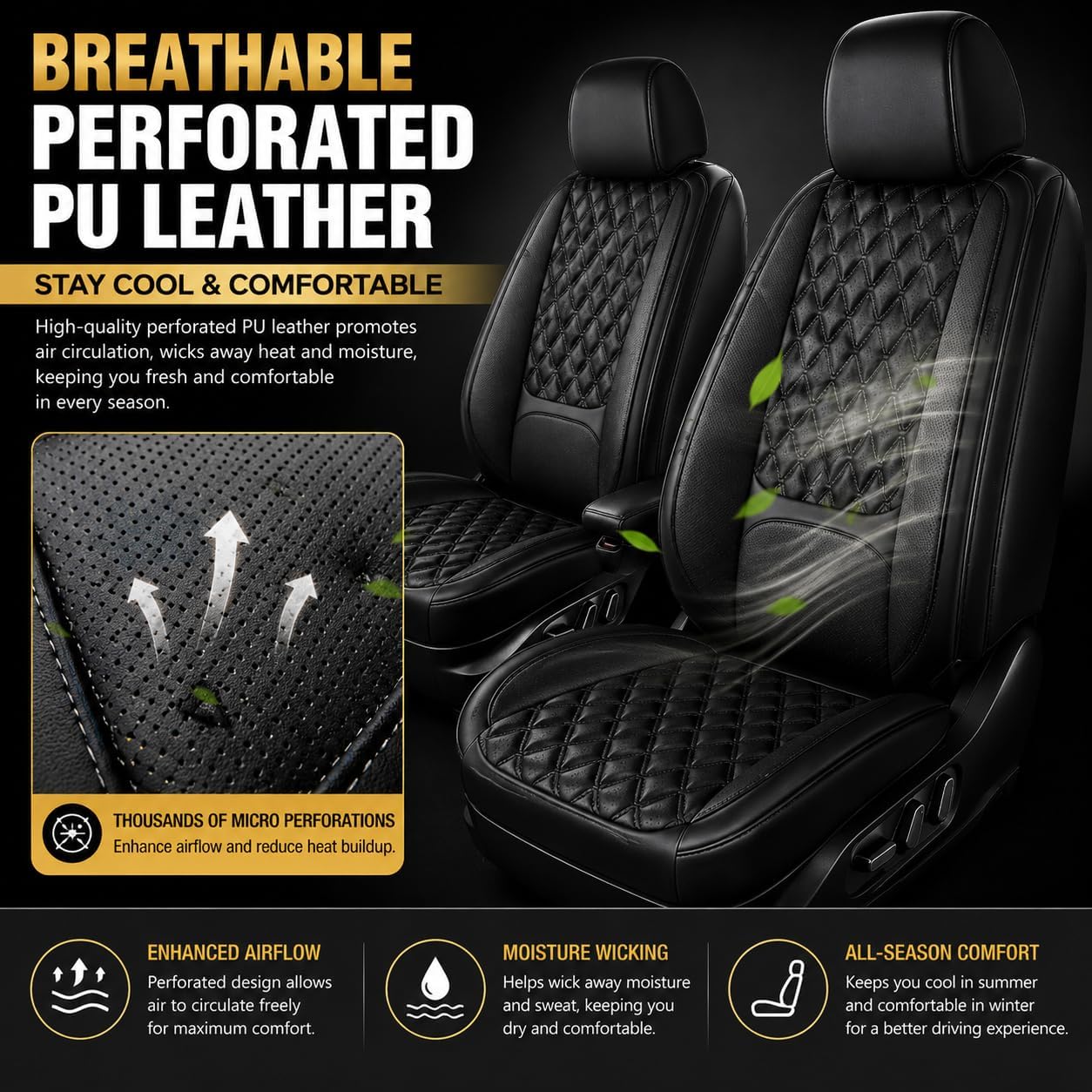 Car Seat Covers Full Set with Lumbar Support, Breathable Perforated PU Leather Seat Covers, Waterproof Seat