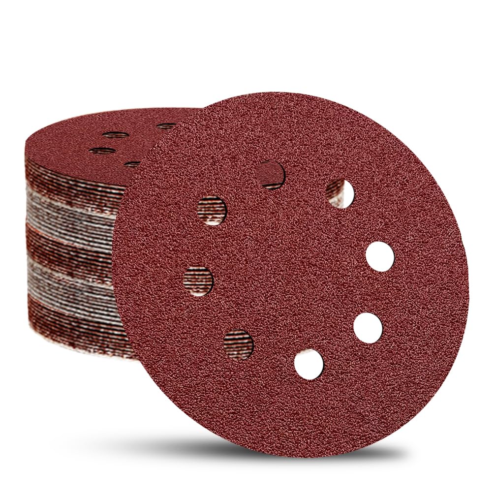 52 Pack 5 Inch 8-Hole Hook and Loop Sanding Discs Sandpaper Red Round 120 Grit Sandpaper for Random Orbital Sander