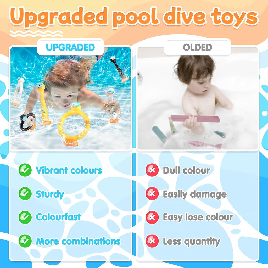 Pool Diving Toys for Kids, 9 PCS Swimming Pool Diving Rings, Summer Duck Dive Sticks with Duck Float Toys for Kids