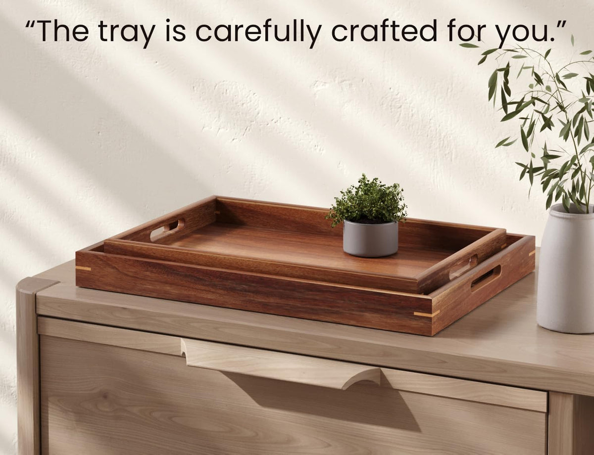 Set of 2 Acacia Wood Serving Tray with Handles