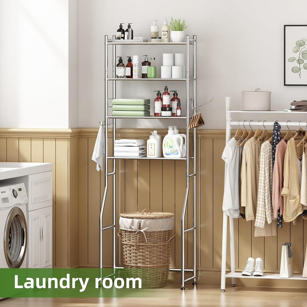 Over the Toilet Storage Cabinet, Metal 4 Tier Bathroom Shelves Over Toilet, Bathroom Oragnizer with 4 Hooks and Paper