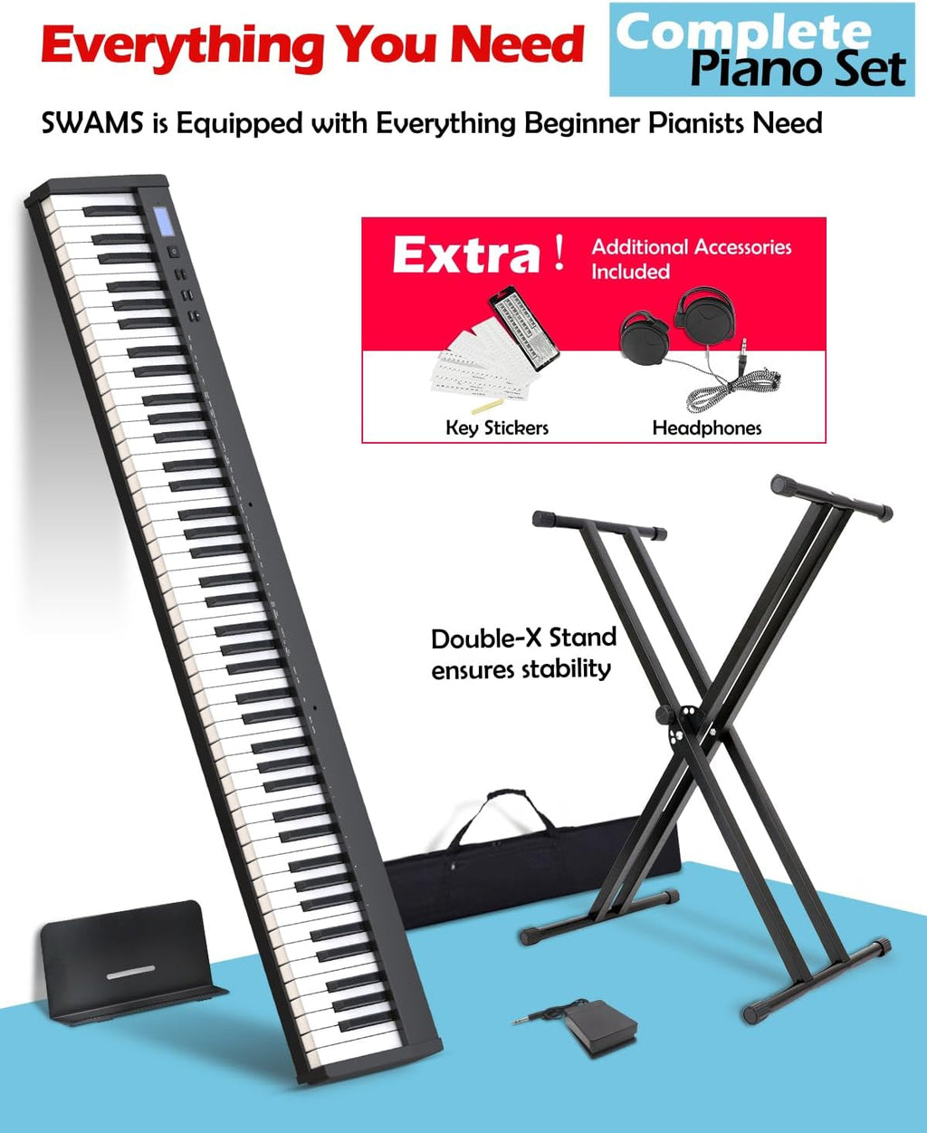 Semi-weighted 88 Keys Piano Keyboard Compact Portable Digital Piano Set for Beginners with Stand, Carrying Case