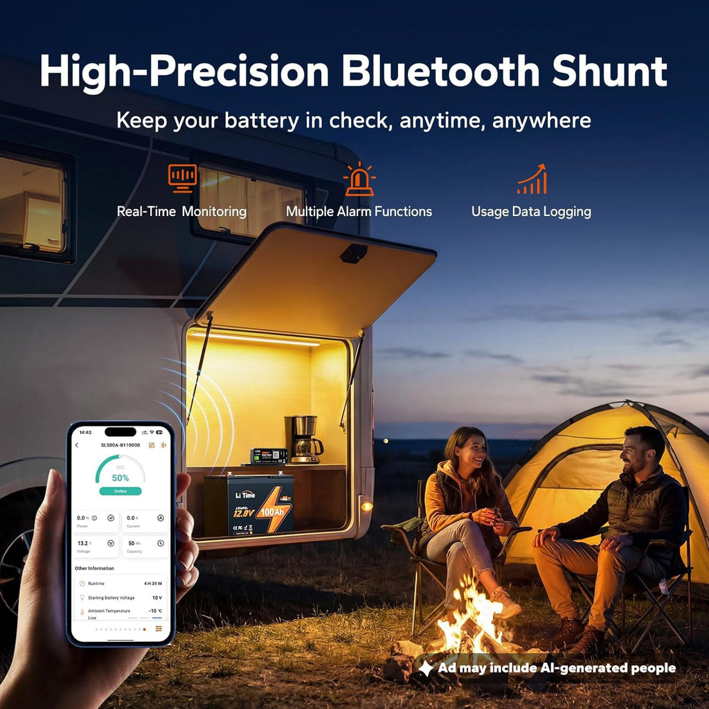500A Bluetooth Battery Monitor, 8V-120V Batteries Smart Shunt M8 | Real-Time SOC/Voltage/Current, Alarm Alerts