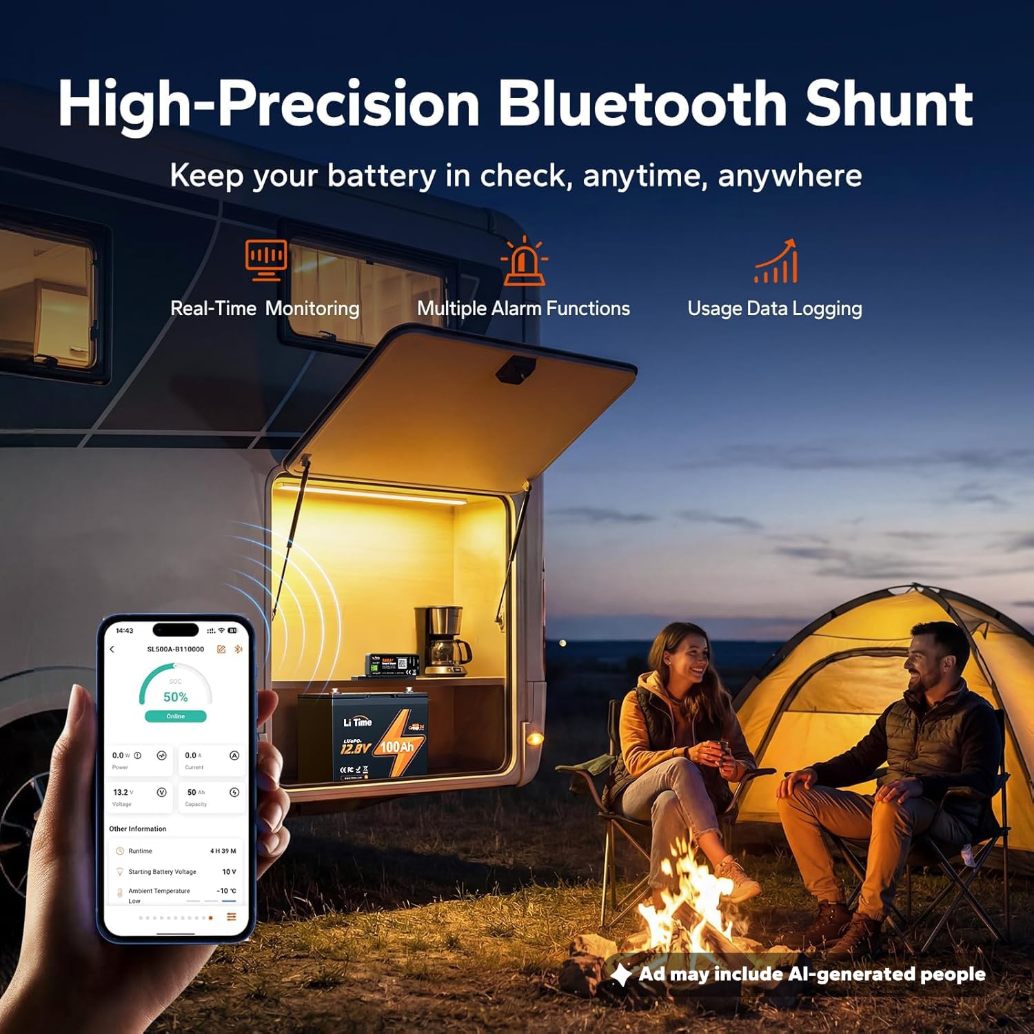 500A Bluetooth Battery Monitor, 8V-120V Batteries Smart Shunt M8 | Real-Time SOC/Voltage/Current, Alarm Alerts