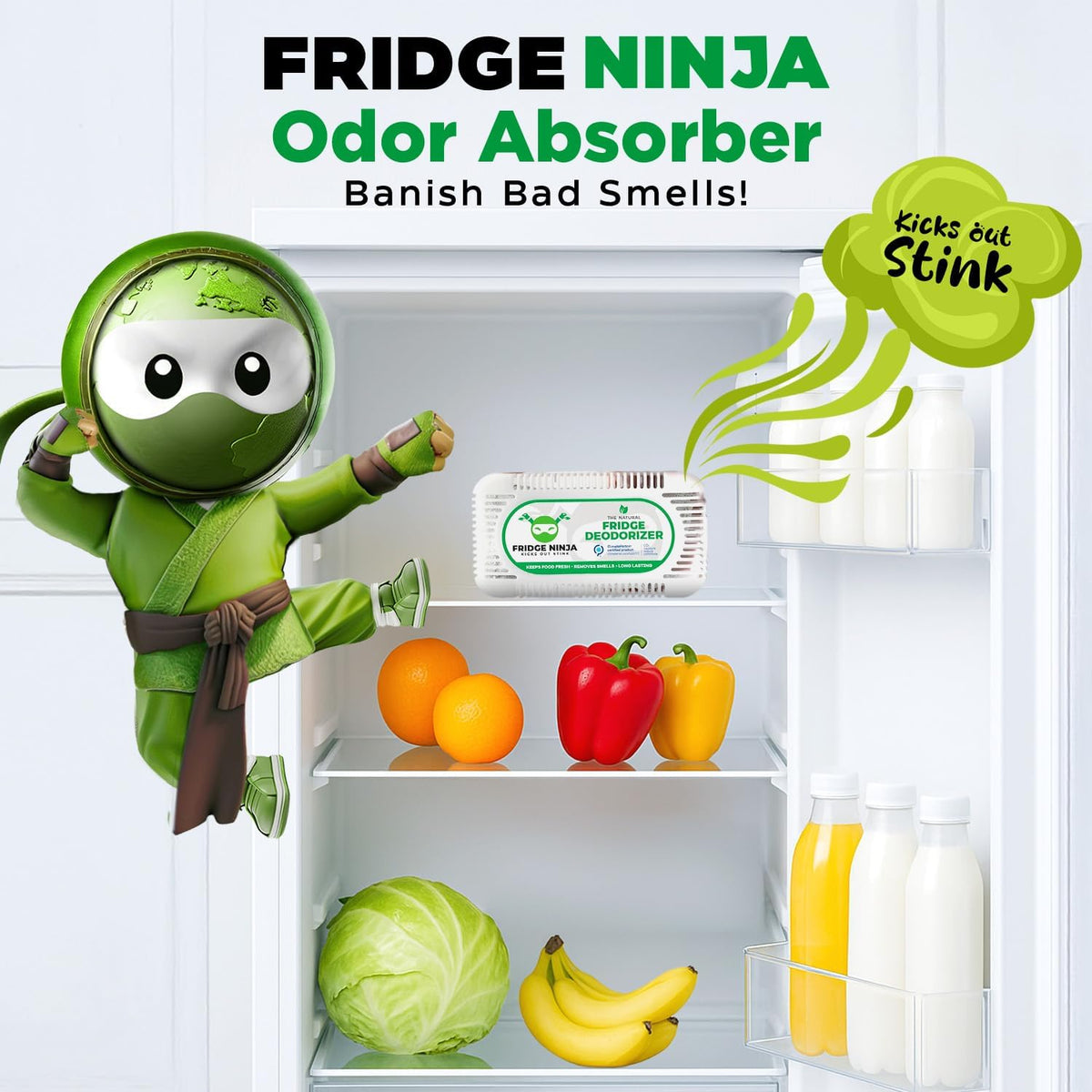 Fridge Ninja Fridge Deodorizer, Activated Charcoal Odor Absorber, 2 Pack