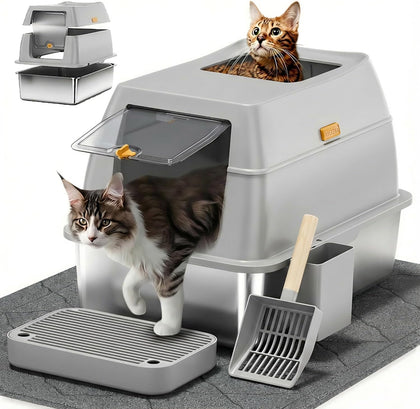 Stainless Steel Litter Box with Lid,Front Entry Top Exit Kitty LitterBox,Extra Large Enclosed Metal Cat Box with
