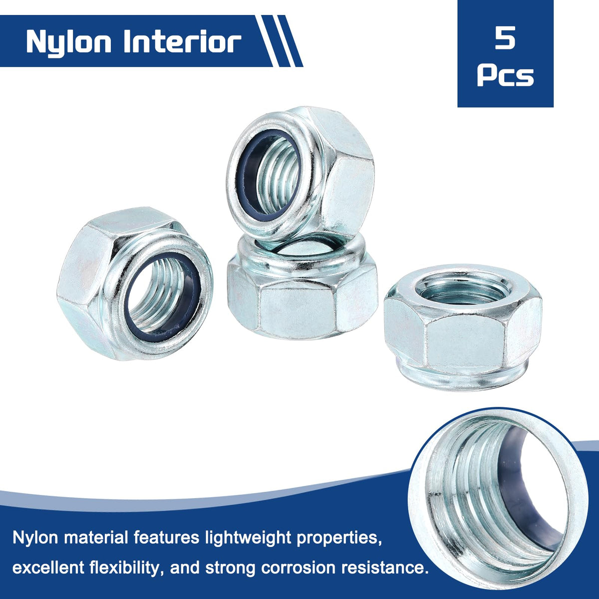 Kozelo 5Pcs M16-2 Nylon Locking Hex Nuts CarbonSteel Blue and White