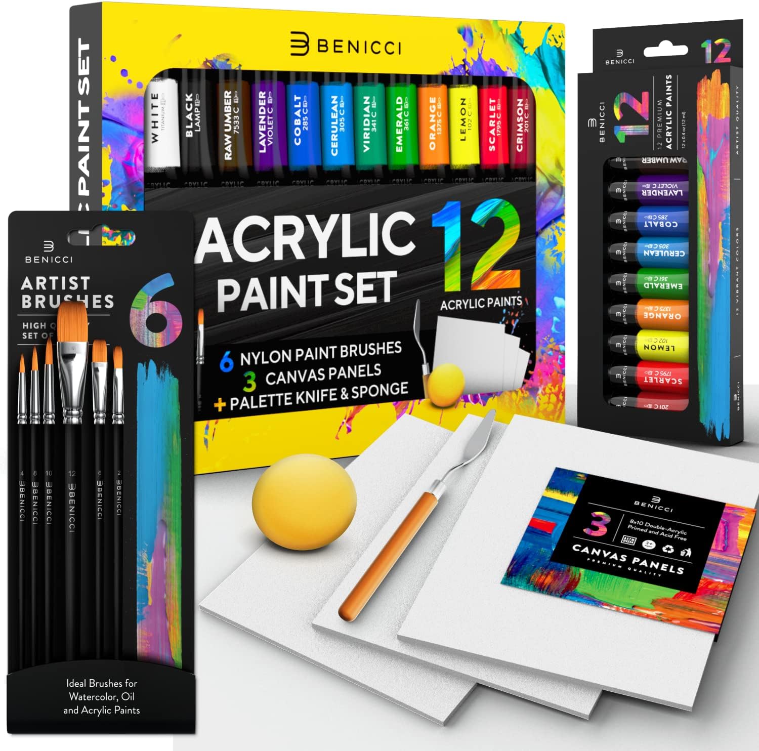 Complete Acrylic Paint Set – 12х Rich Pigment Colors & 6x Art Brushes - Includes 3 Paint Canvases, Palette Knife &