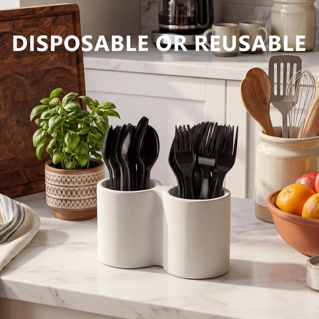 1000 Count Black Plastic Silverware Heavy Duty -Forks, Spoons
