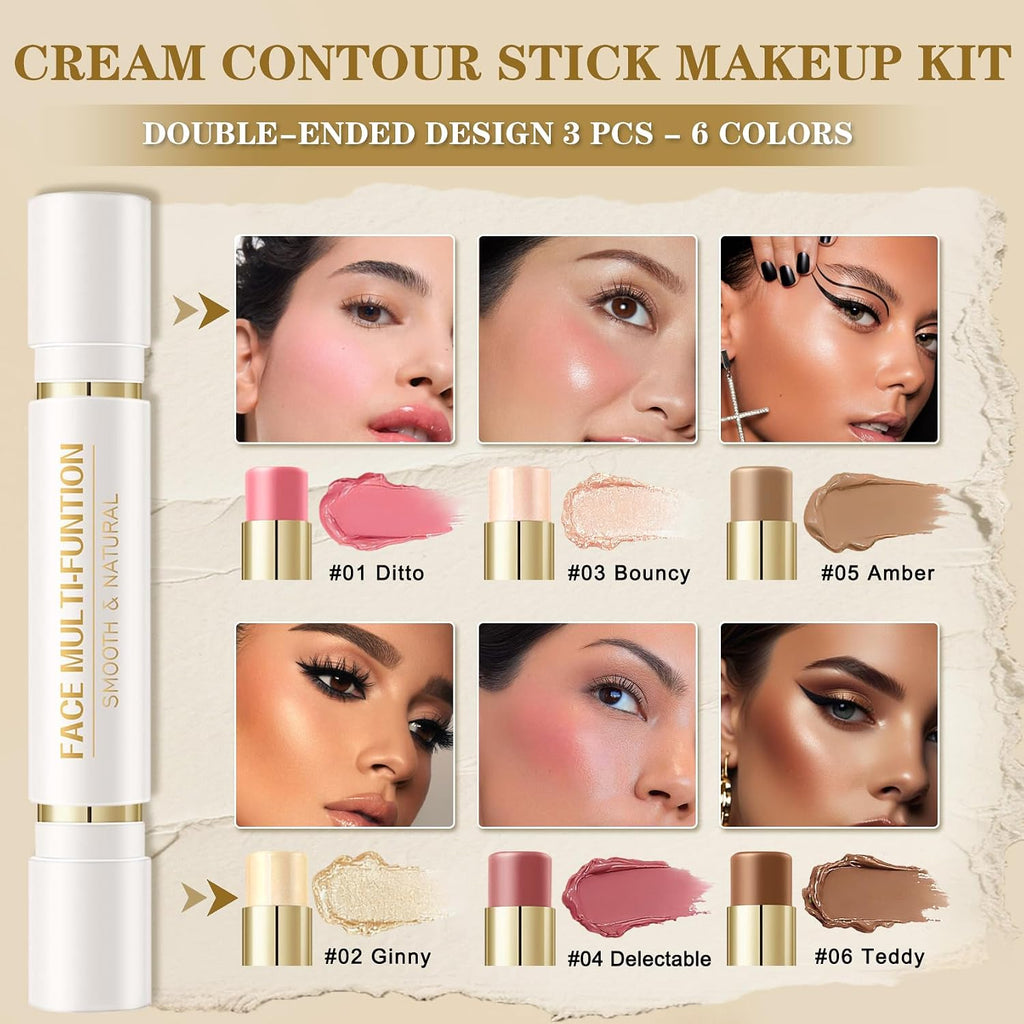 6 Colors Dual-Ended Cream Contour Bronzer Blush Makeup Stick Set A