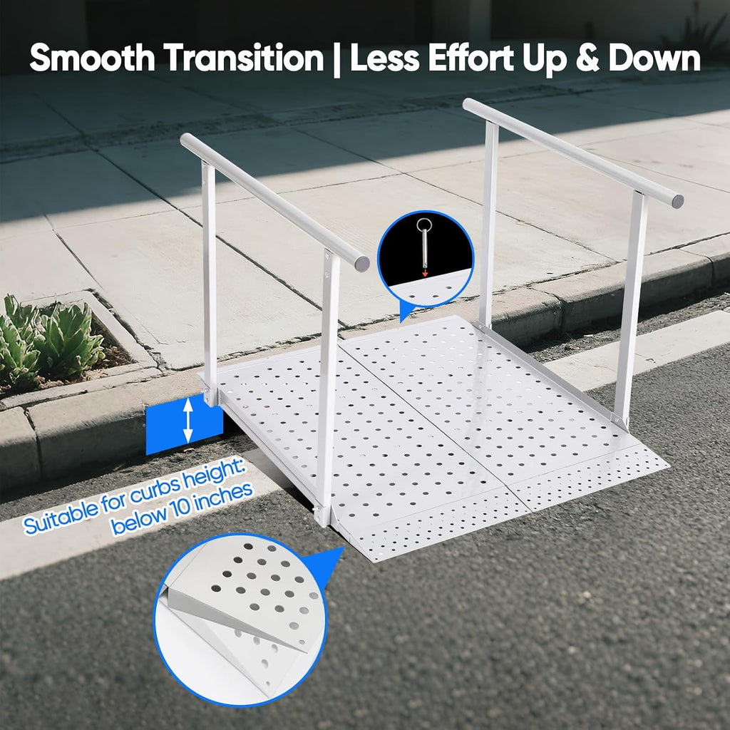 Folding Wheelchair Ramp with Handrails for Steps – Heavy Duty Threshold Ramp 500lbs Capacity, Safe Door Portable Ramp