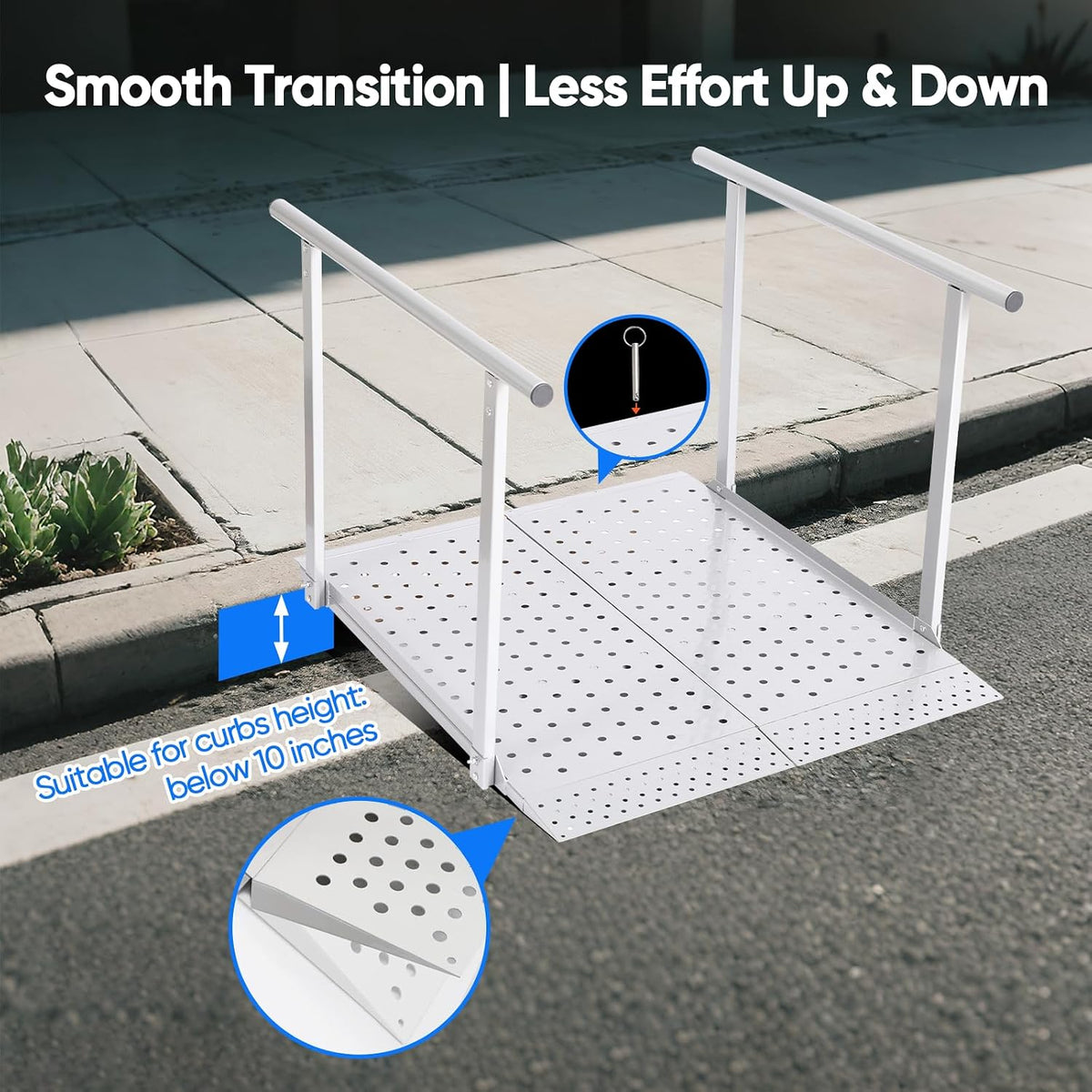 Folding Wheelchair Ramp with Handrails for Steps – Heavy Duty Threshold Ramp 500lbs Capacity, Safe Door Portable Ramp