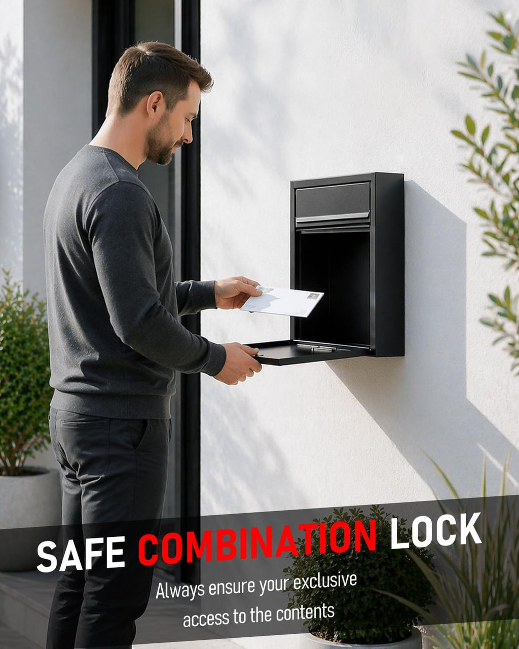 Wall Mount Mailbox for Outside, Large Locking Mailbox, Black | Security Mail Box with Combination Lock, Safe Key Drop