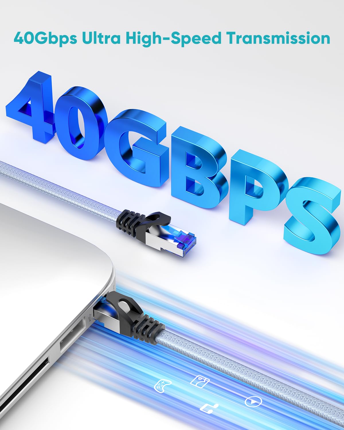 Cat 8 Ethernet Cable 50 ft, Nylon Braided High Speed Heavy Duty Network LAN Patch Cord, 40Gbps 2000Mhz SFTP Shielded
