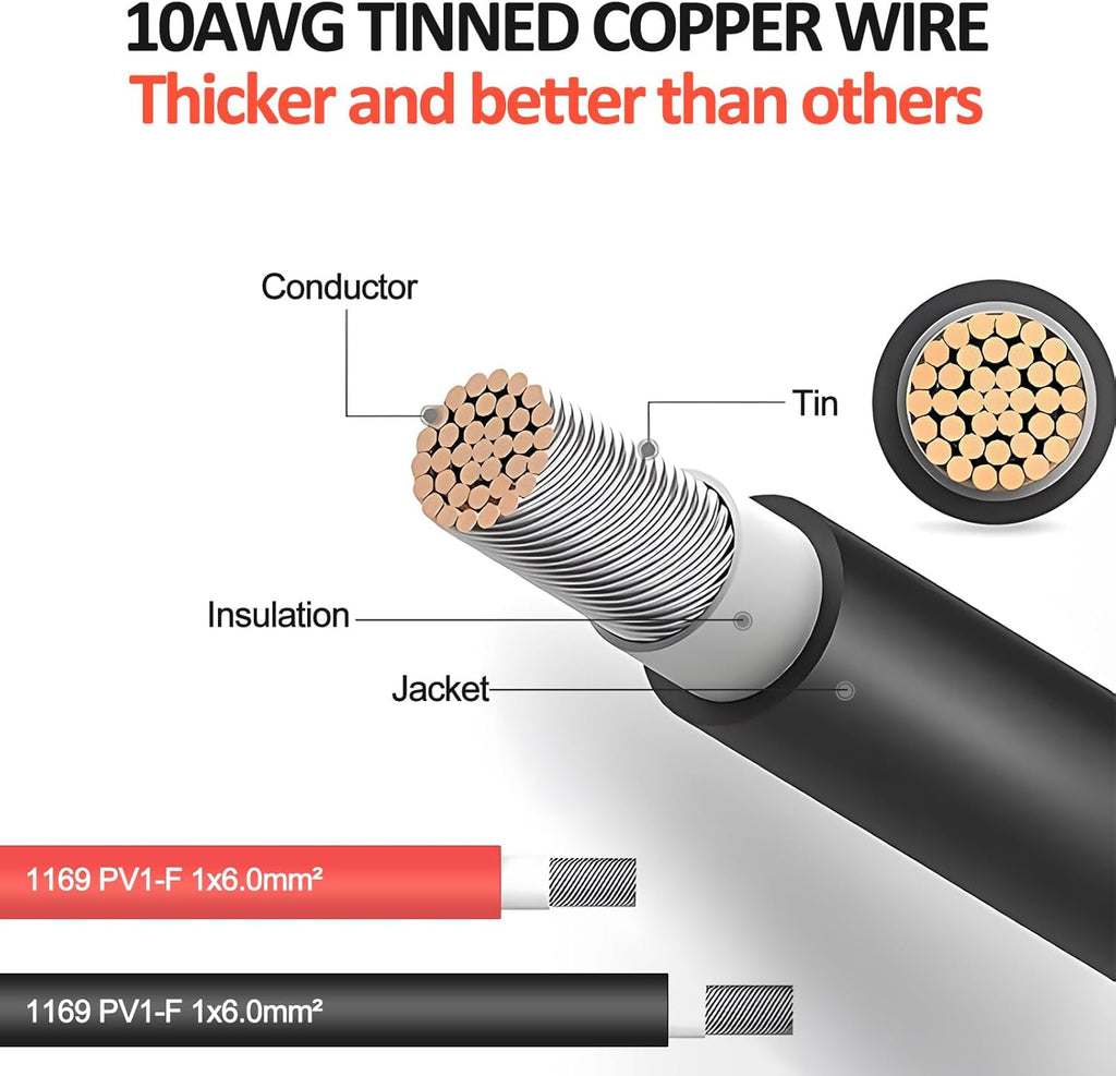 10FT 10AWG Solar Extension Cable with Female and Male Connector with Extra Free Pair of Solar Y Connector Adaptor Kit
