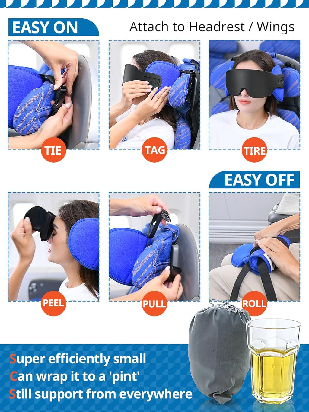 Travel Pillows for Airplanes, 360° Stable Support Airplane Pillow with 3D Eye Mask, Headrest Pillow for Long Flight