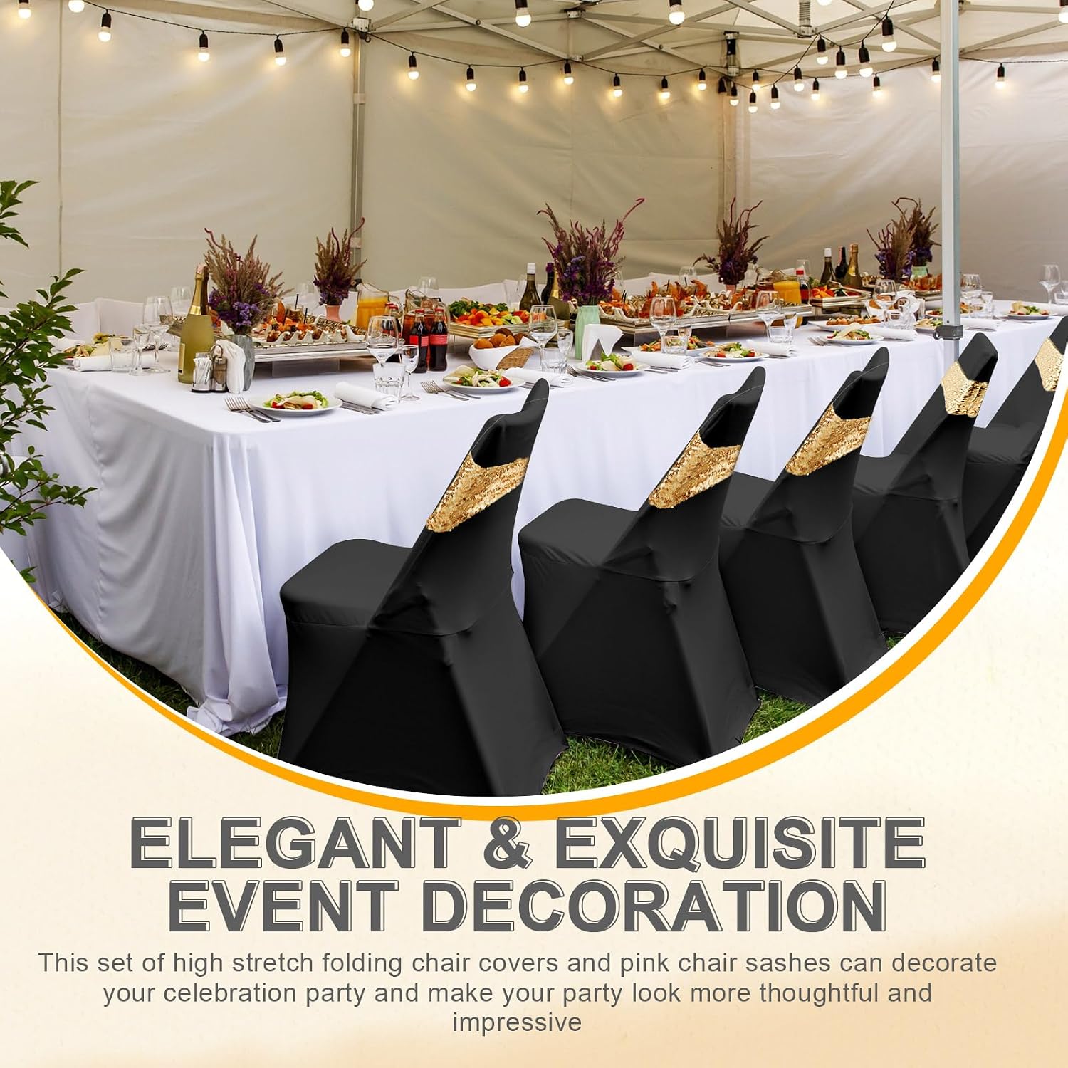 50 Pcs Spandex Folding Chair Cover with Sashes Set, Black, Gold